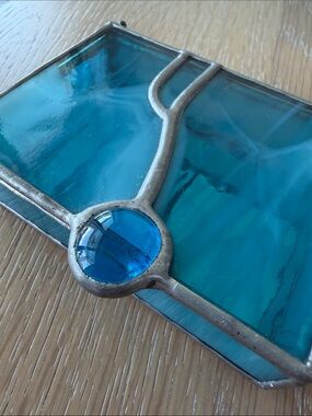 HandMade Stained Glass Jewelry Trinket Box Hinged Lid & Mirror inside Blue